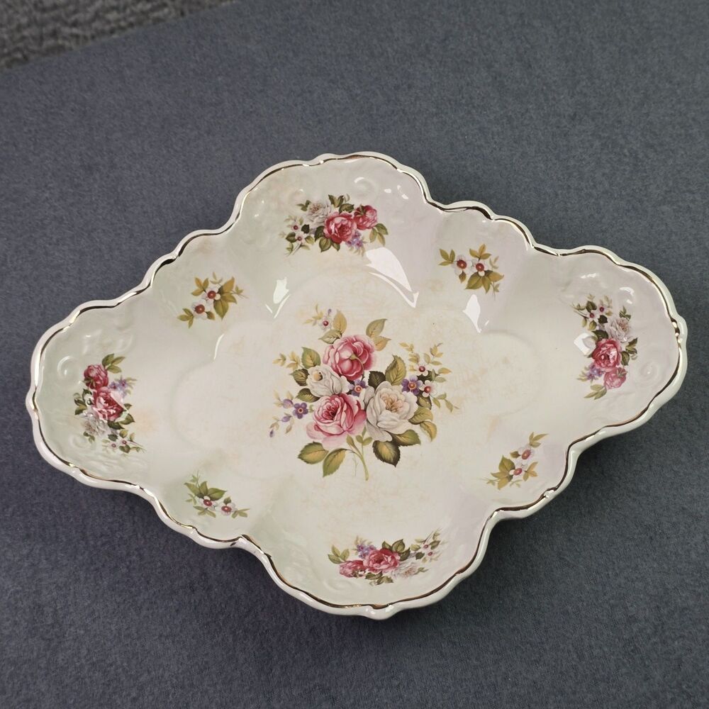 Vintage James Kent Old Foley Scalloped Porcelain Dish Pink Roses Gold Trim - Picture 11 of 12